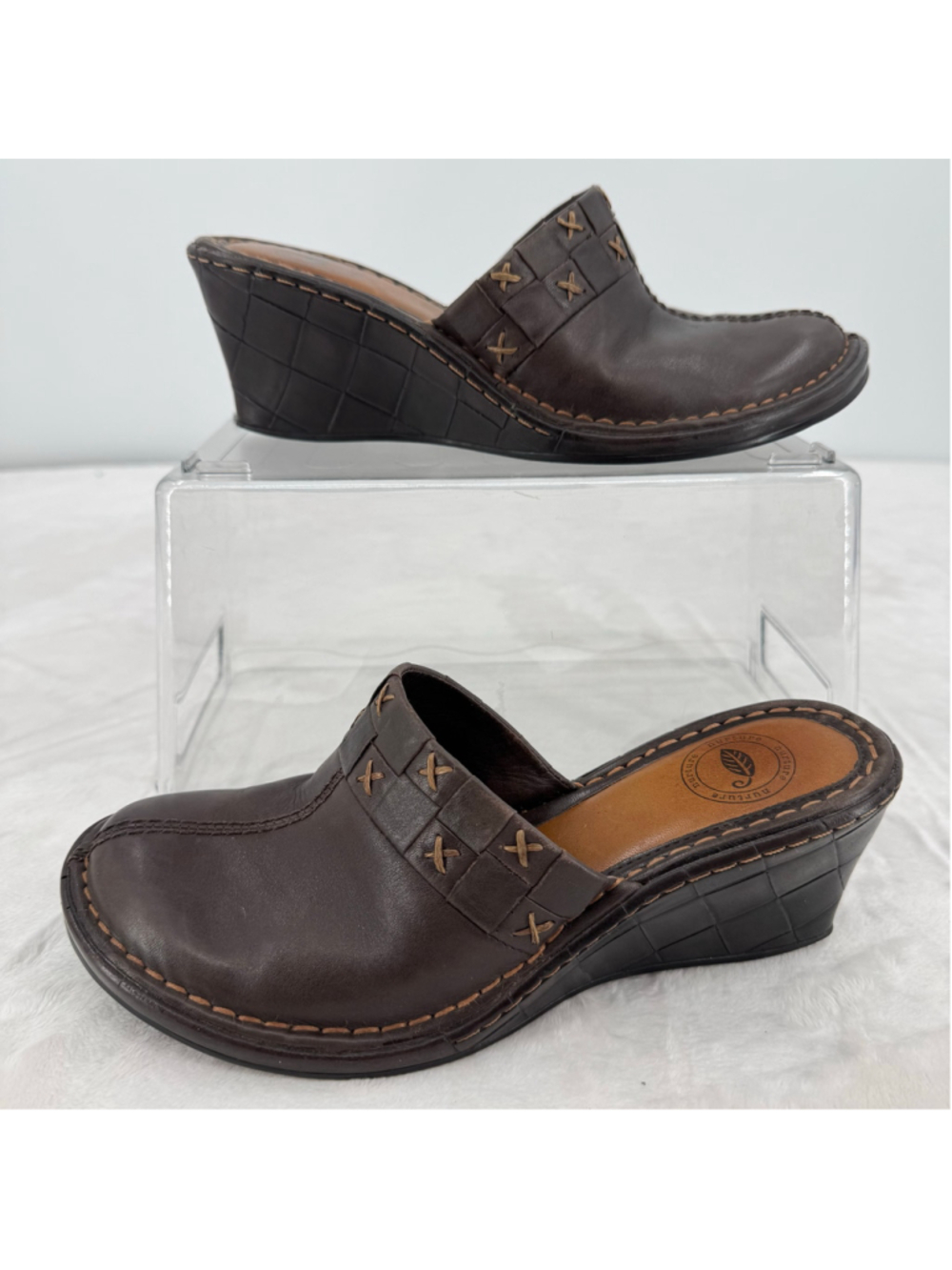 Nurture Brown Genuine Leather Clogs Embroidered 2.5” Wedge Heel Made in Brazil 7